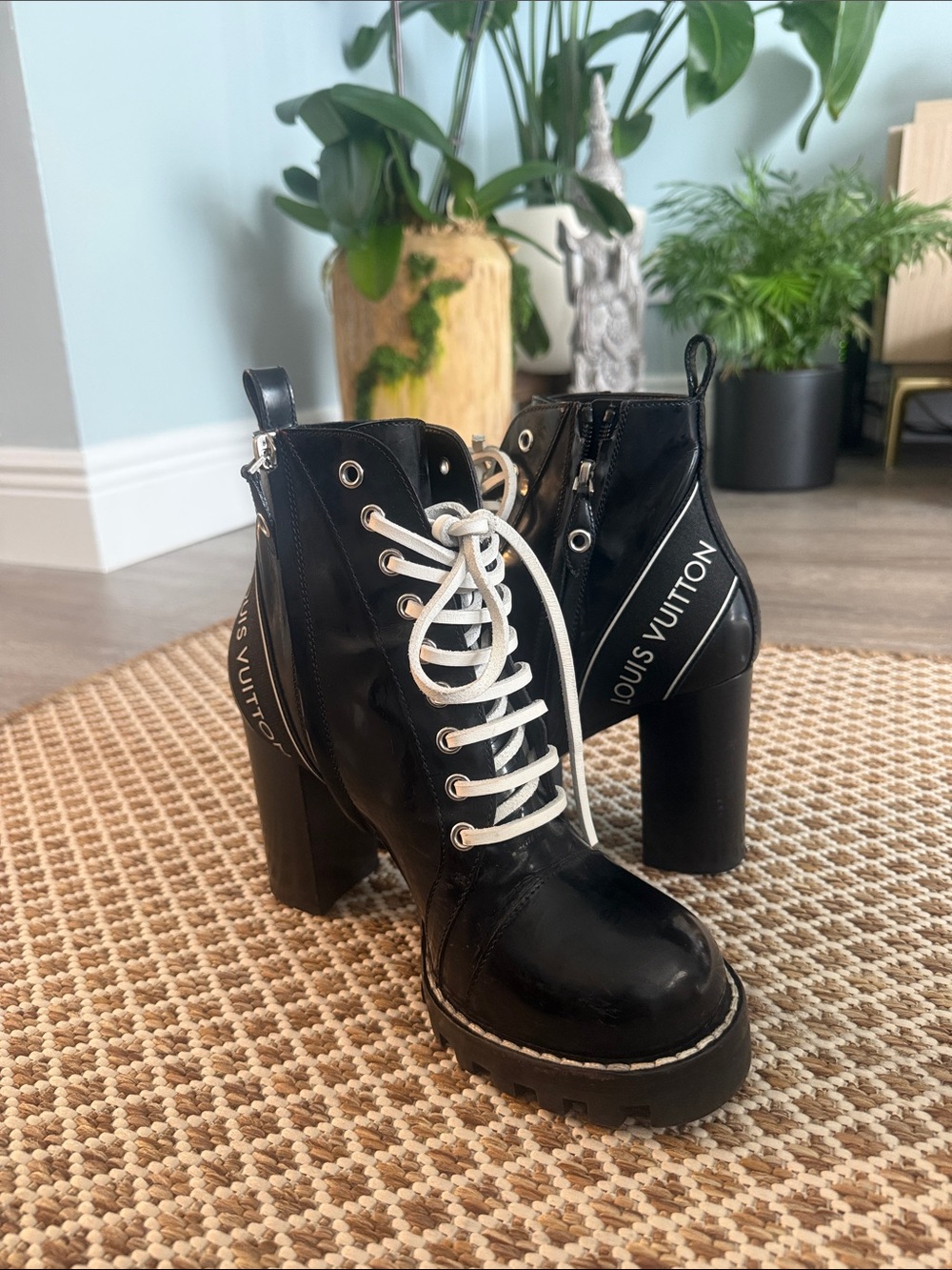 Louis Vuitton Black Leather Lace-Up Platform Heel Boots with White Laces